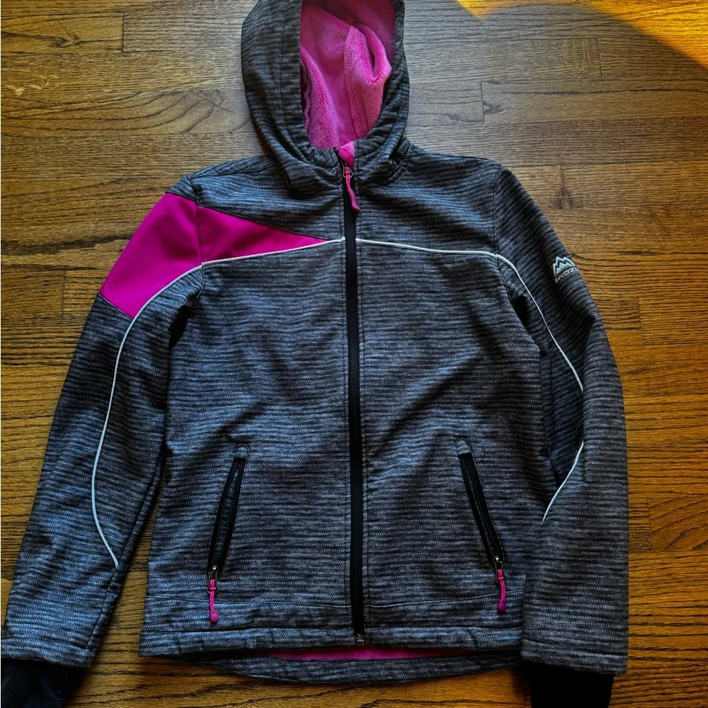 SNOZU Grey Pink HOODED JACKET with PINK‎ FLEECE LINING Girls Size large 14-16